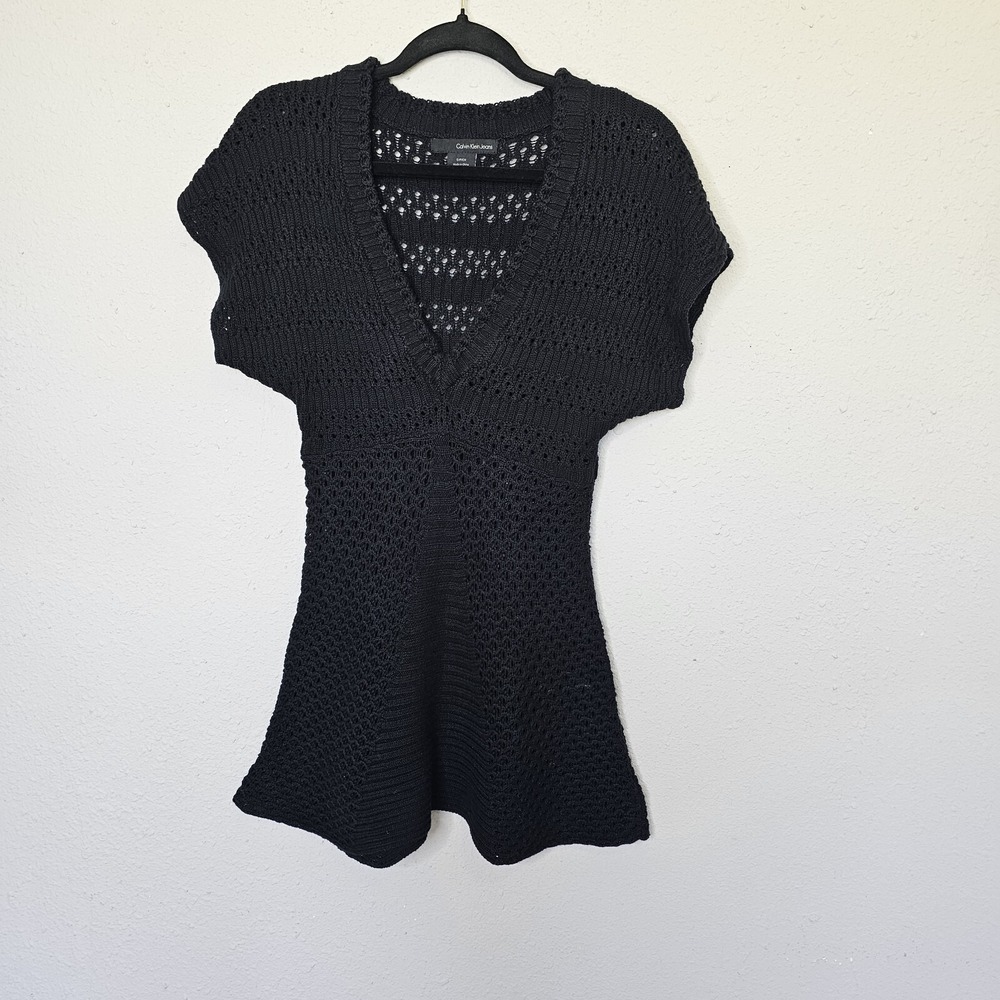 Calvin Klein Jeans Womens Black Open Knit V-Neck Cotton Sweater Top Small